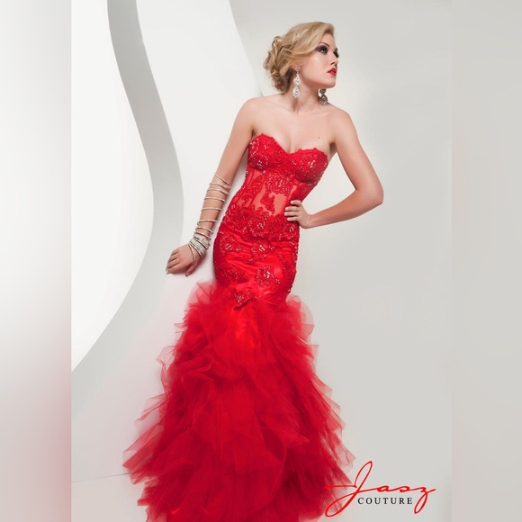 Jasz Couture Red Mermaid Prom Dress - Picture 1 of 3